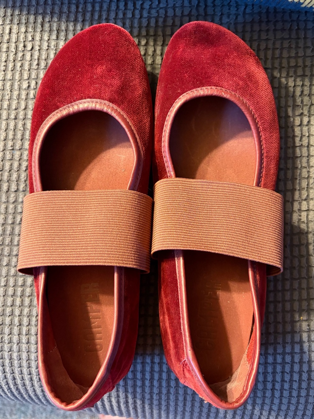 Camper Red Velvet Right Nina Ballerina Flats with Wide Elastic Strap